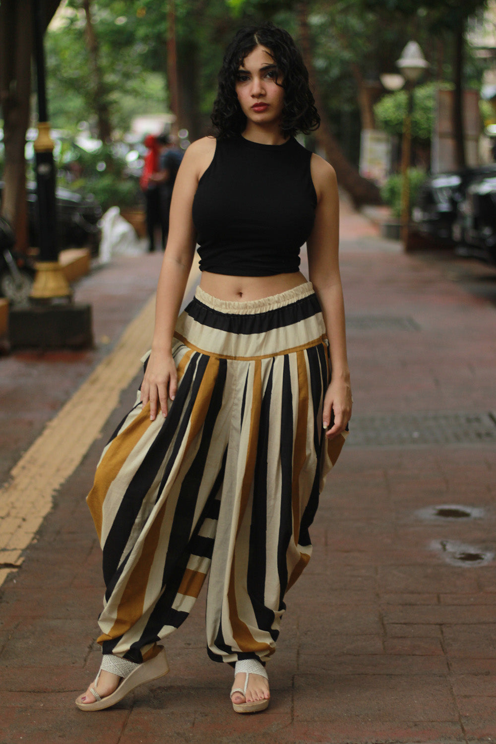Maskhari | Draped Patiala Pants | Mustard Striped Bagru