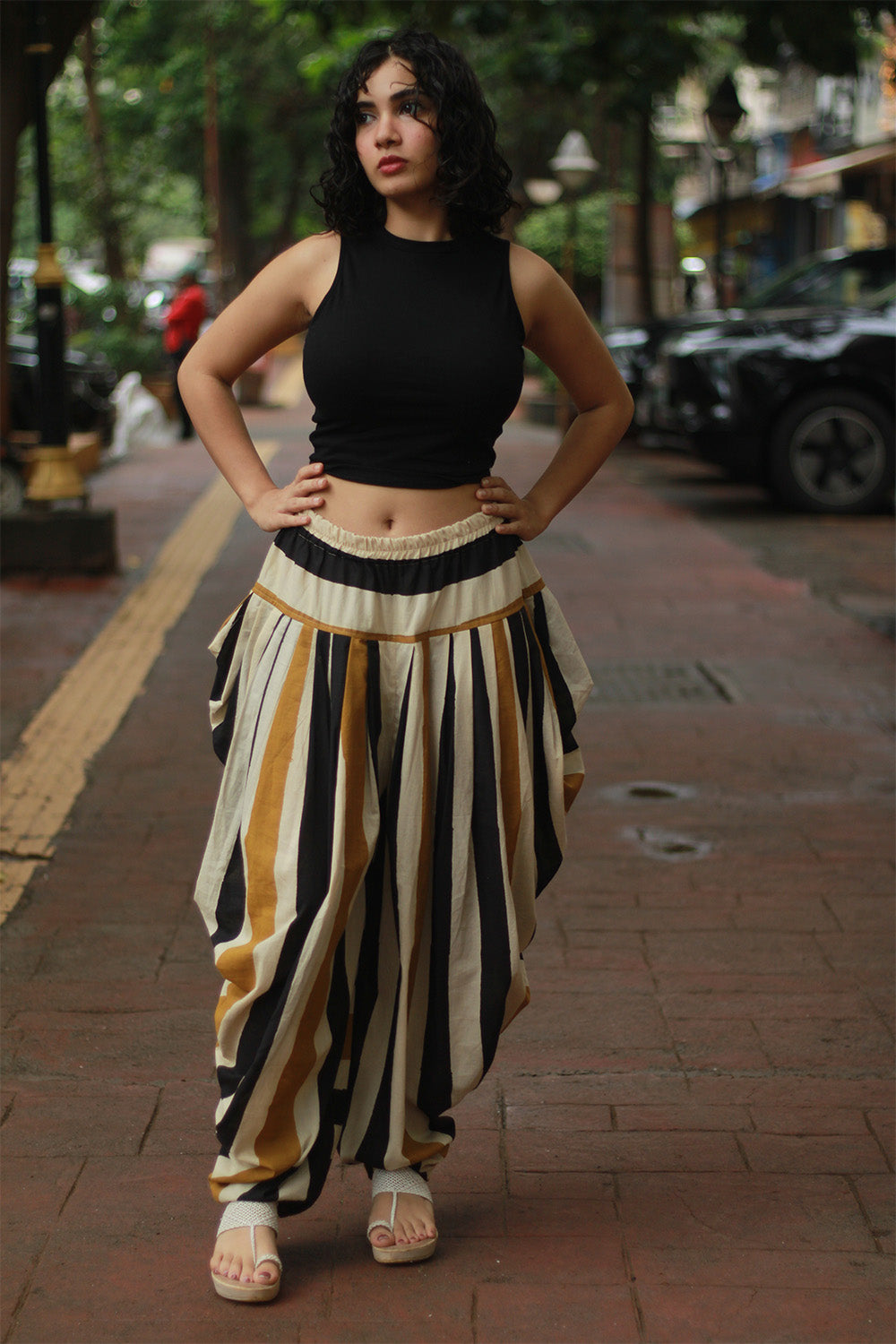 Maskhari | Draped Patiala Pants | Mustard Striped Bagru