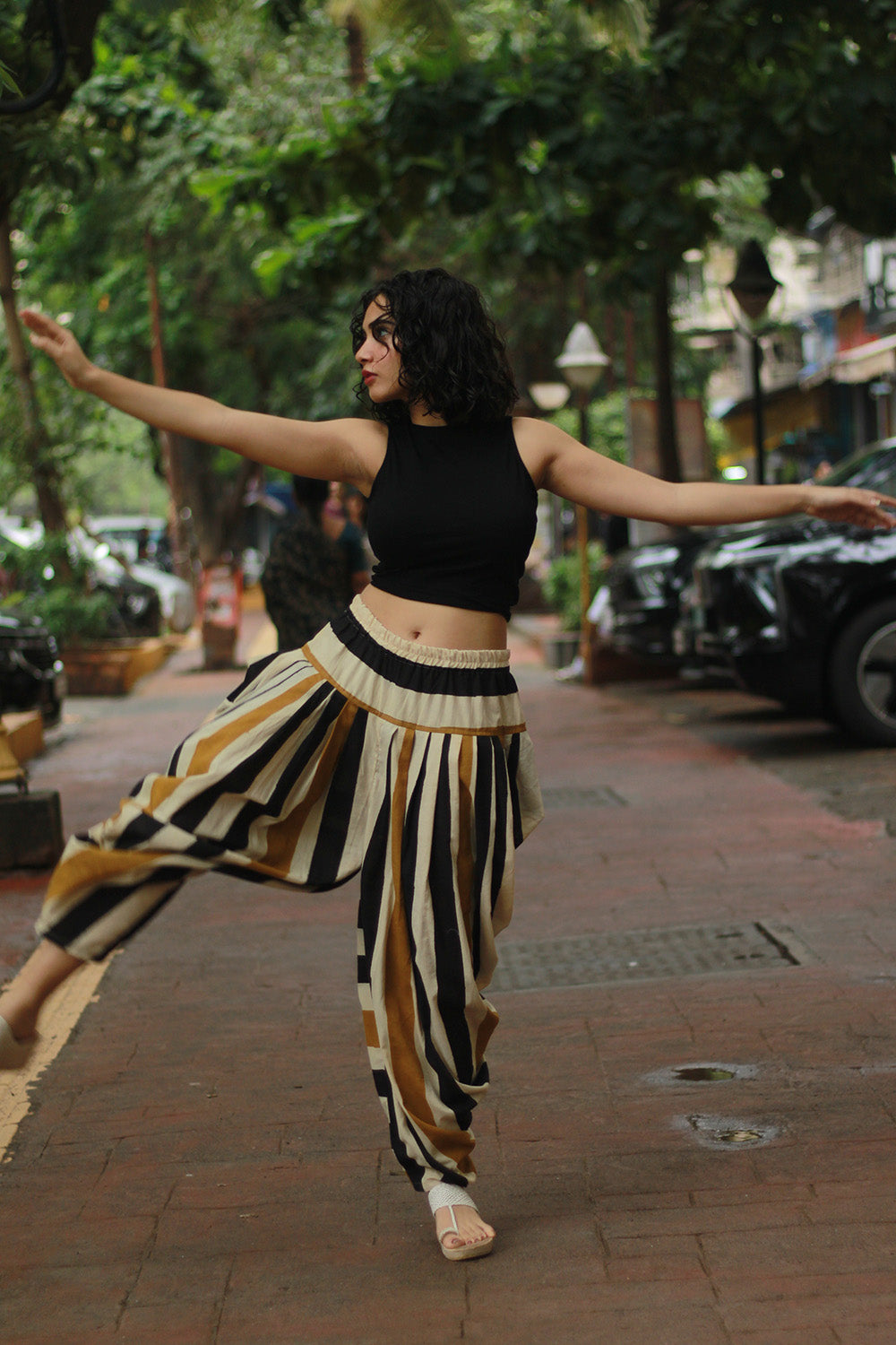Maskhari | Draped Patiala Pants | Mustard Striped Bagru