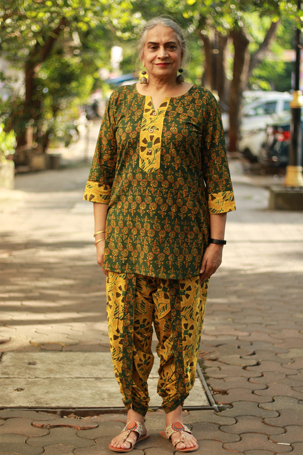 Shubhra | Short Kurta | Kali Ajrakh | Green