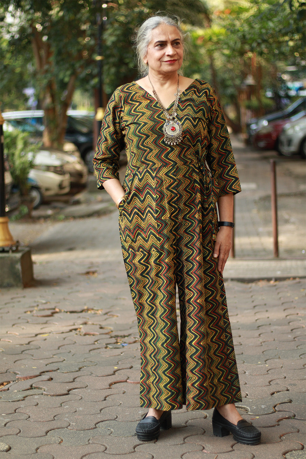 Anurima | Angarkha Style Jumpsuit | Chevron Ajrakh Green