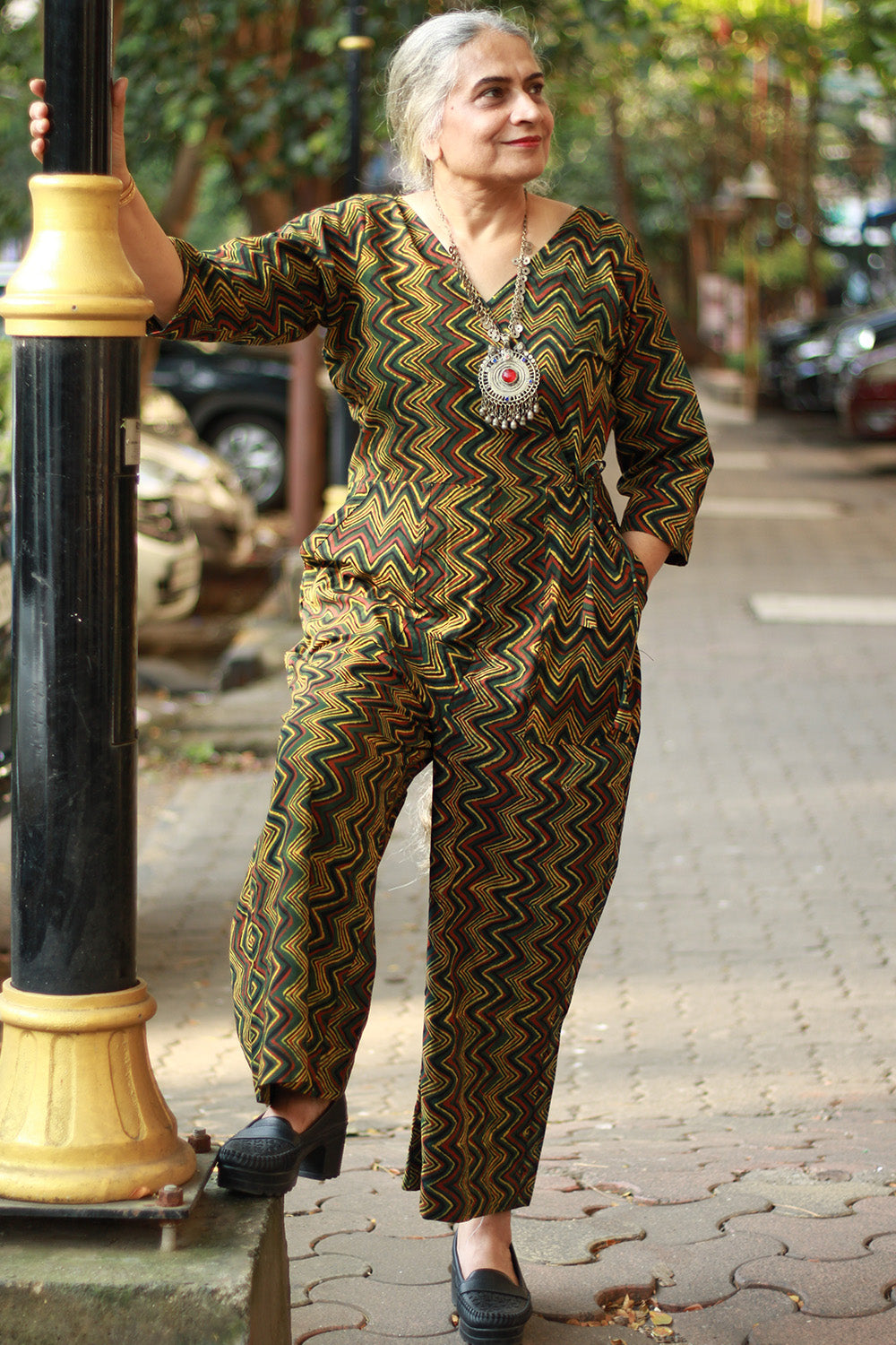 Anurima | Angarkha Style Jumpsuit | Chevron Ajrakh Green