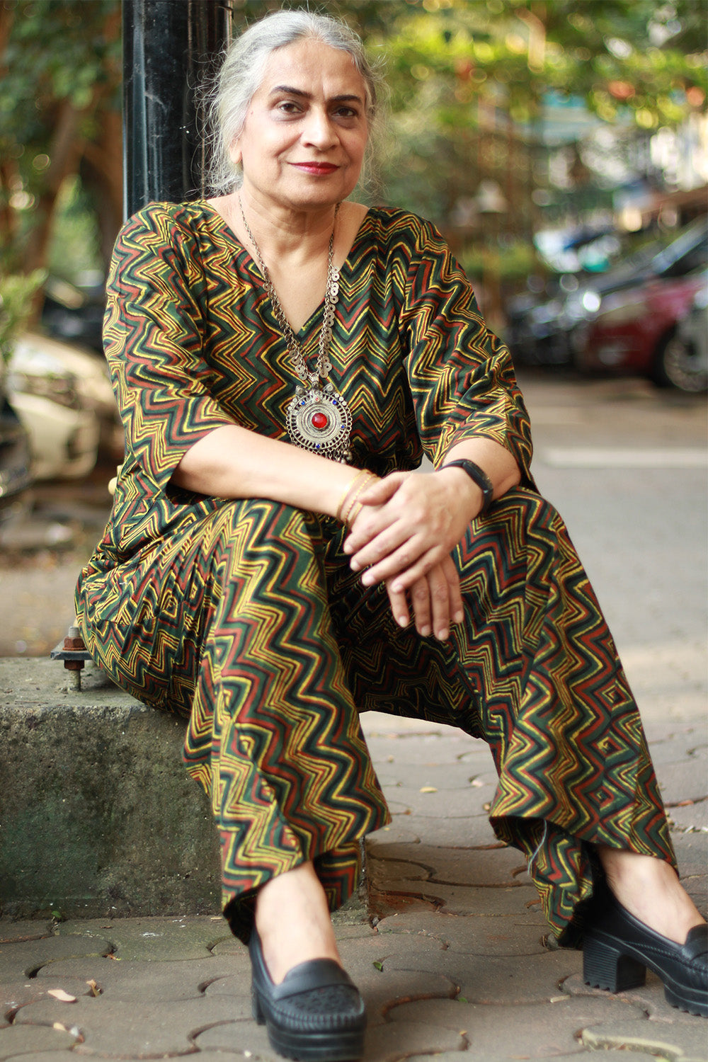 Anurima | Angarkha Style Jumpsuit | Chevron Ajrakh Green