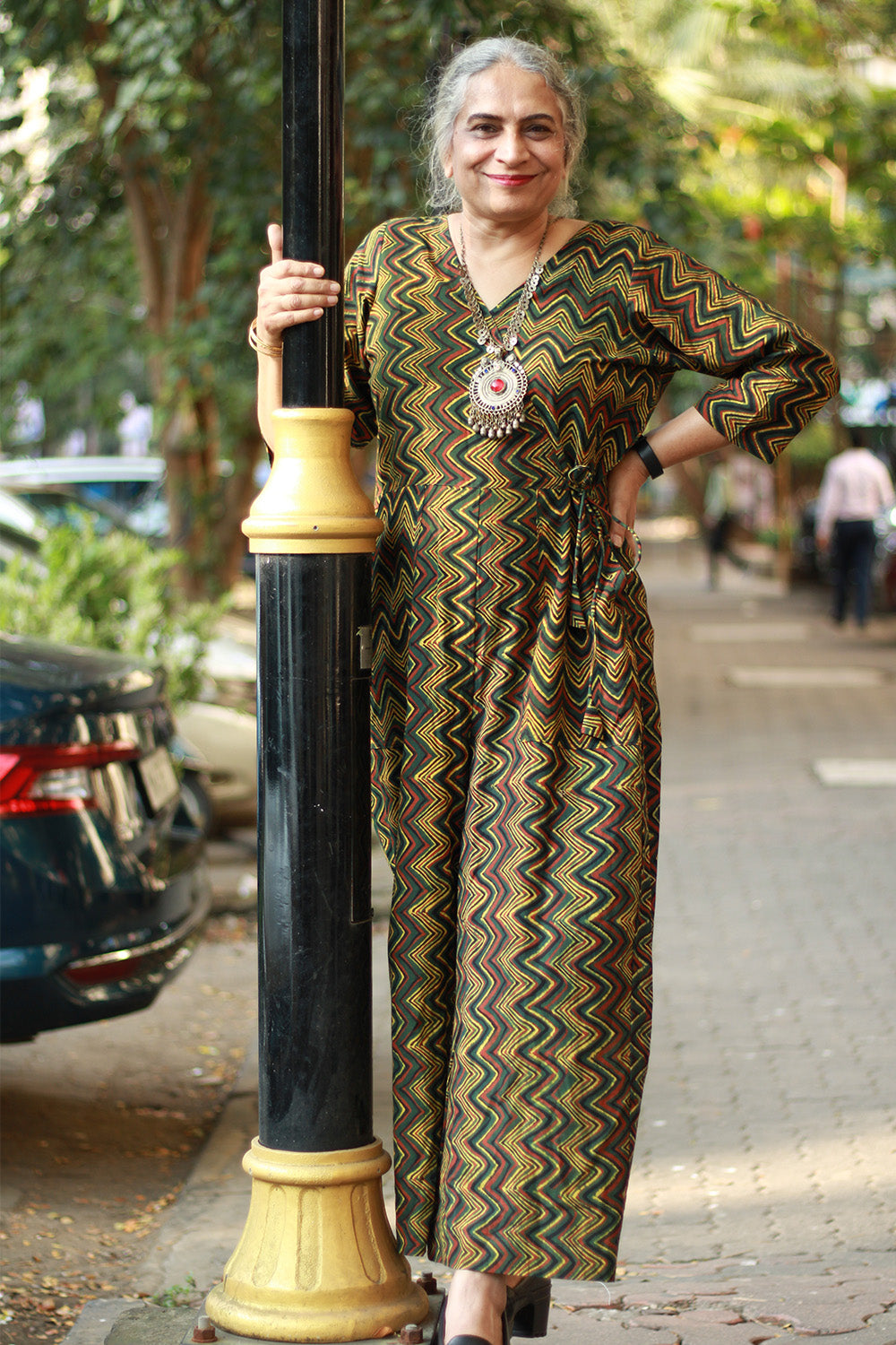Anurima | Angarkha Style Jumpsuit | Chevron Ajrakh Green