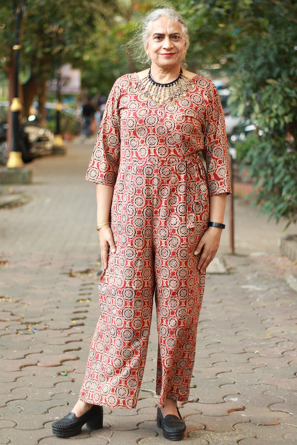 Anurima | Angarkha Style Jumpsuit | Floral Ajrakh Madder
