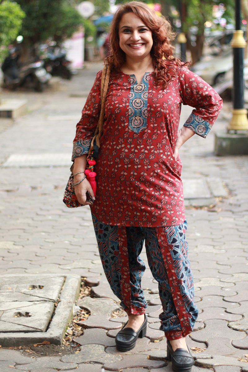 Shubhra | Dhoti Kurta Co-Ord Set | Kali Ajrakh | Madder Red