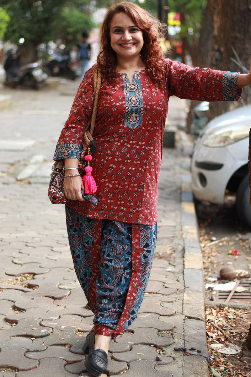 Shubhra | Dhoti Kurta Co-Ord Set | Kali Ajrakh | Madder Red