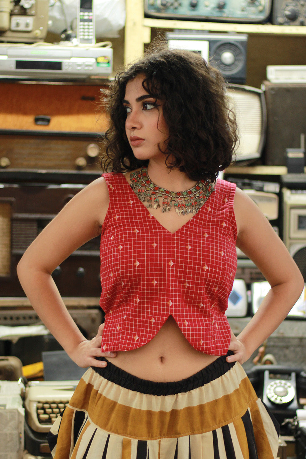 Reeva | Fitted Sleeveless Top | Red Checks