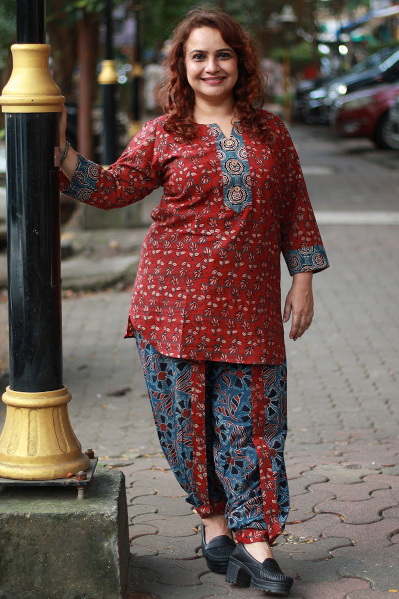 Shubhra | Dhoti Kurta Co-Ord Set | Kali Ajrakh | Madder Red
