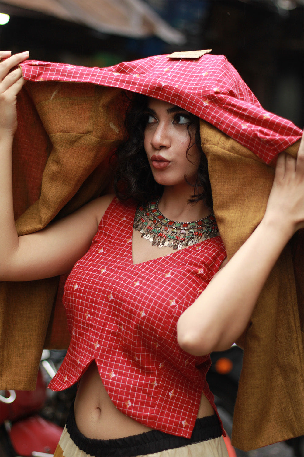 Reeva | Fitted Sleeveless Top | Red Checks