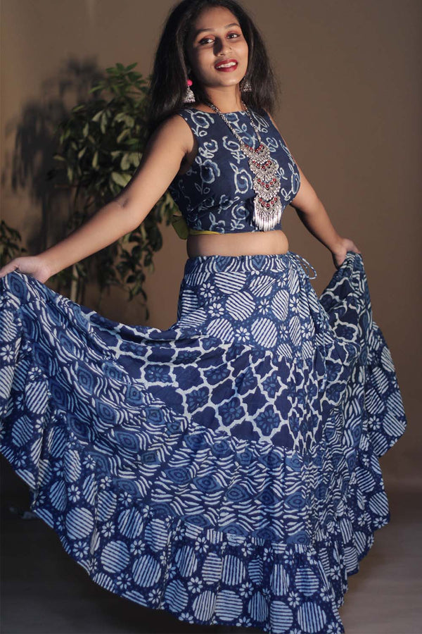 Ghumar | Mul Tiered Long Skirt | Indigo Medley
