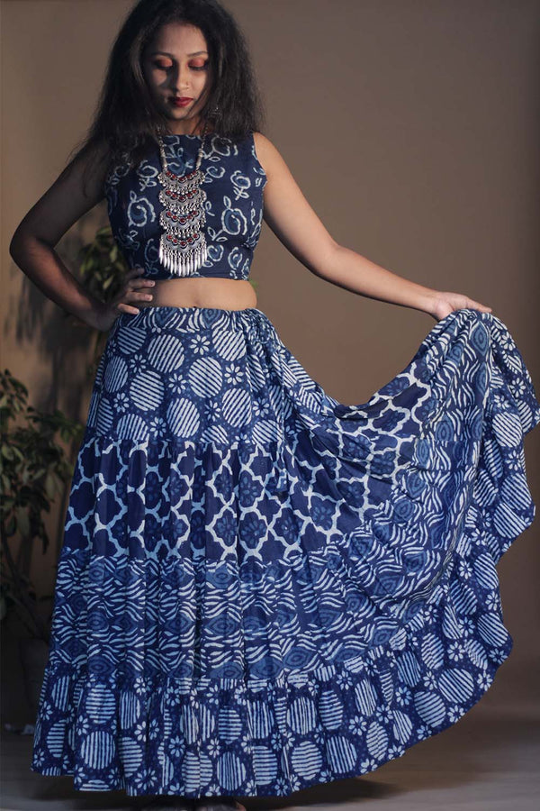 Ghumar | Mul Tiered Long Skirt | Indigo Medley