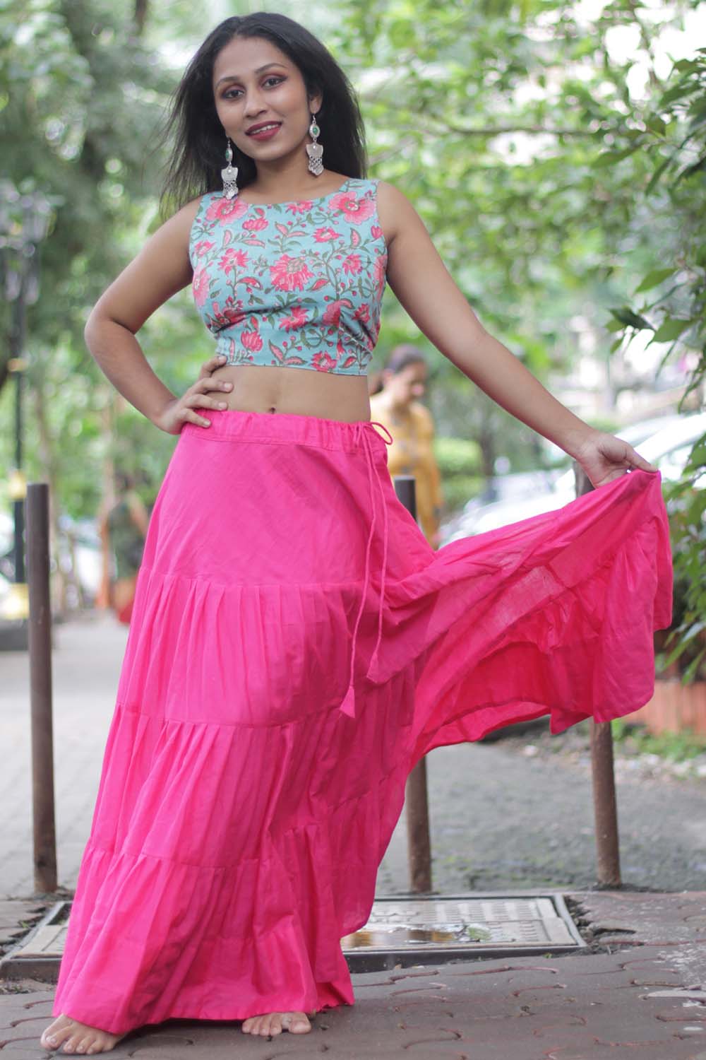 Ghumar | Mul Tiered Long Skirt | Fuchsia