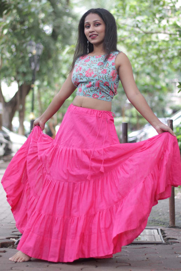 Ghumar| Mul Tiered Long Skirt | Fuschia