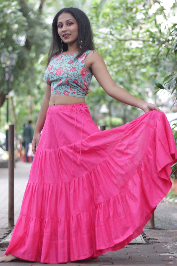 Ghumar| Mul Tiered Long Skirt | Fuschia