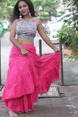 Ghumar | Mul Tiered Long Skirt | Fuchsia