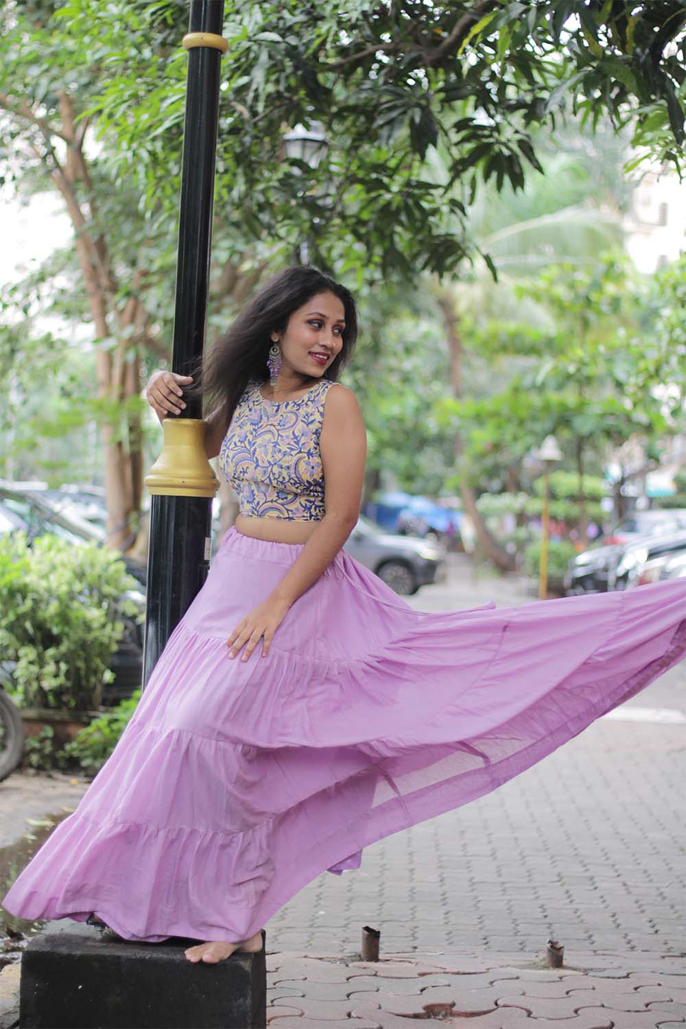Ghumar| Mul Tiered Long Skirt | Lavender