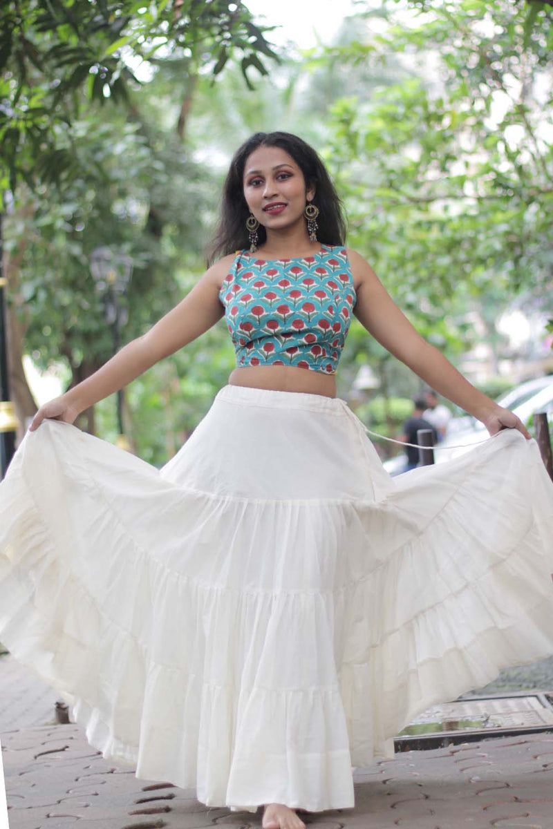 Ghumar | Mul Tiered Long Skirt | Ivory
