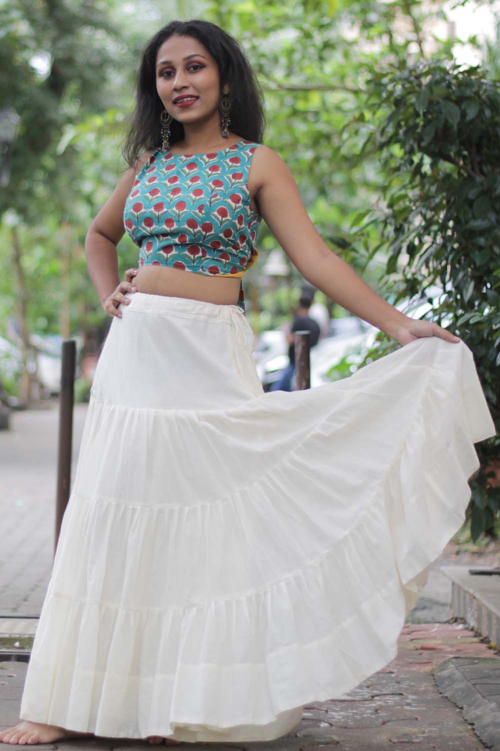 Ghumar | Mul Tiered Long Skirt | Ivory