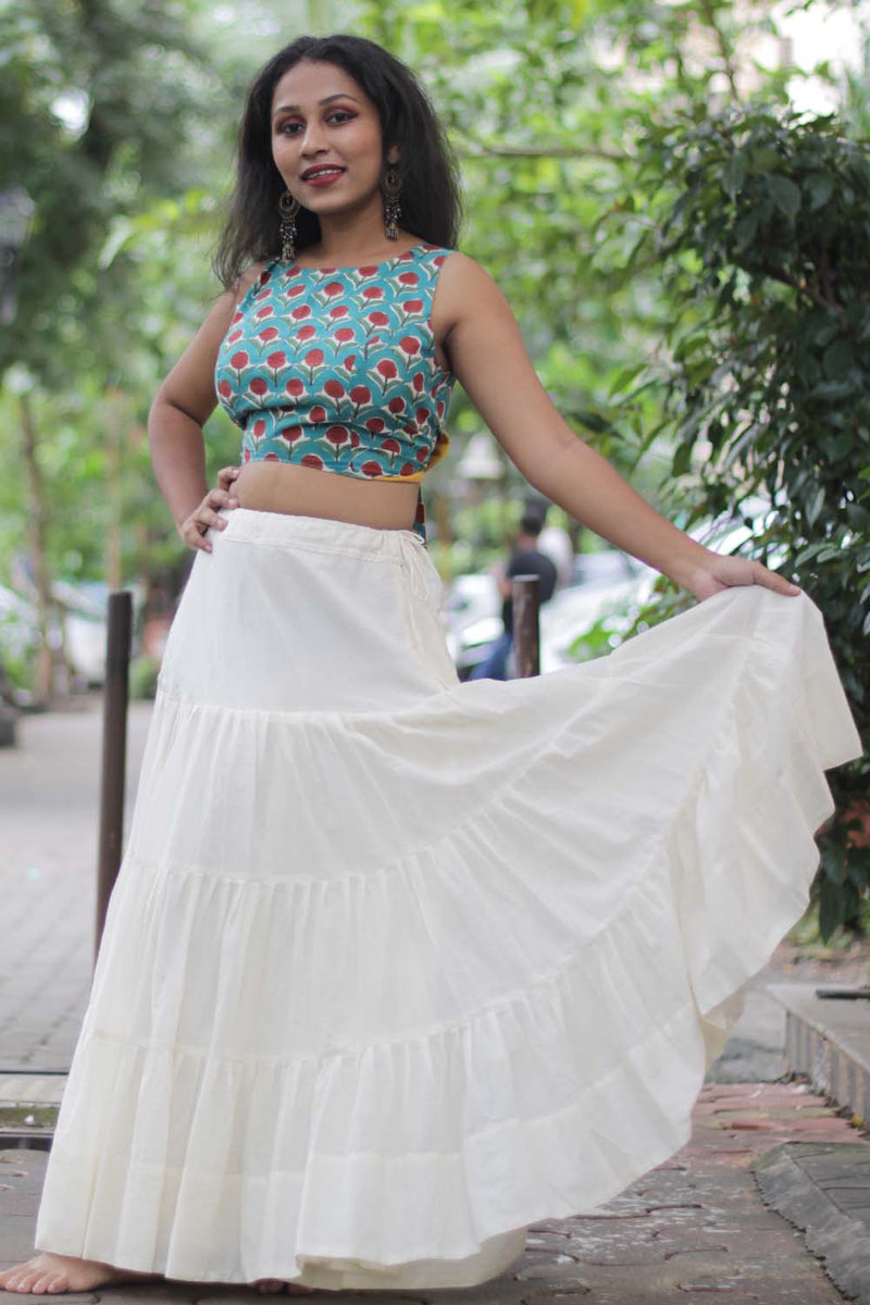 Ghumar | Mul Tiered Long Skirt | Ivory