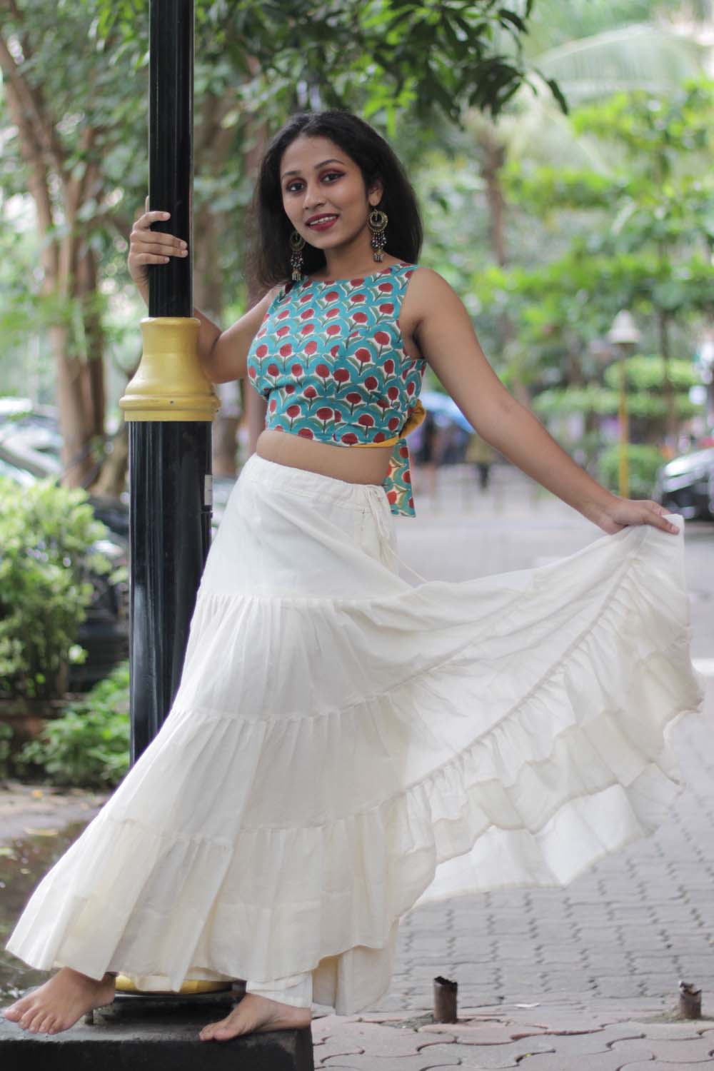 Ghumar | Mul Tiered Long Skirt | Ivory