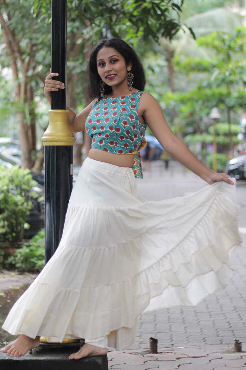 Ghumar | Mul Tiered Long Skirt | Ivory