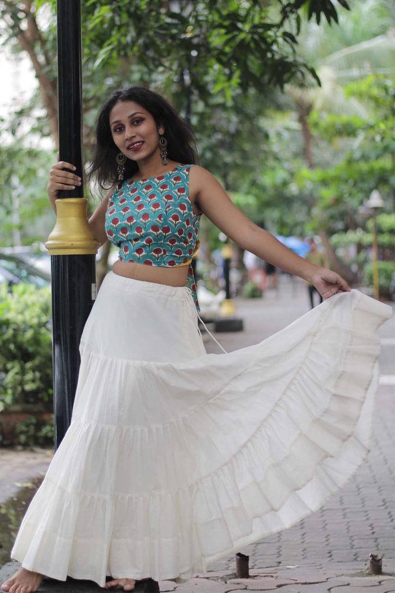 Ghumar | Mul Tiered Long Skirt | Ivory