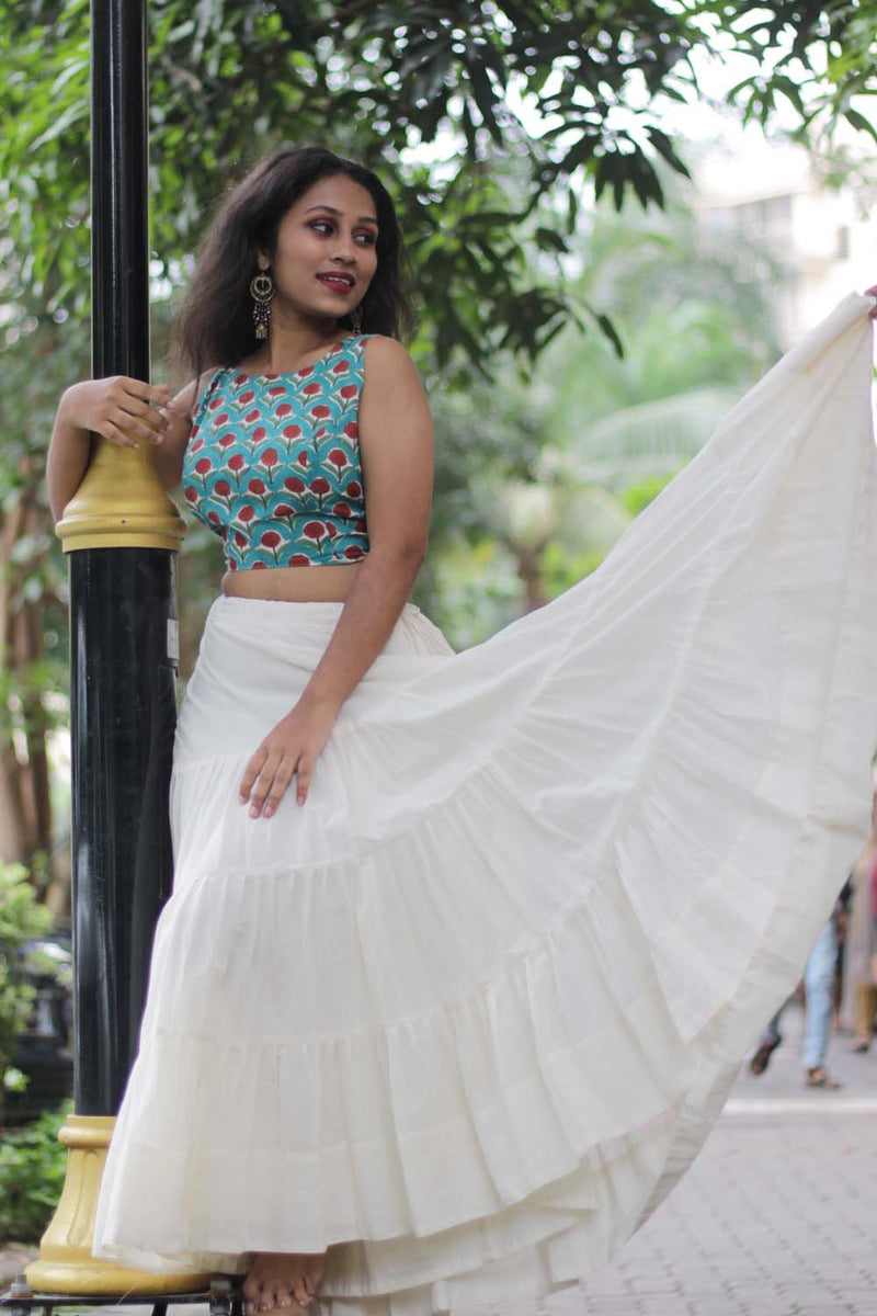 Ghumar | Mul Tiered Long Skirt | Ivory