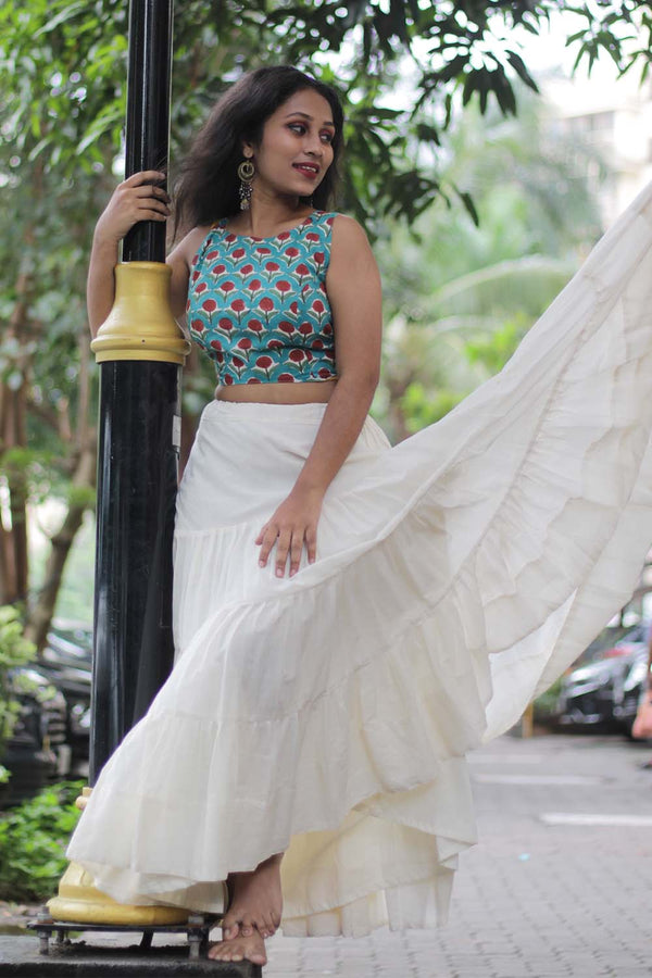 Ghumar | Mul Tiered Long Skirt | Ivory