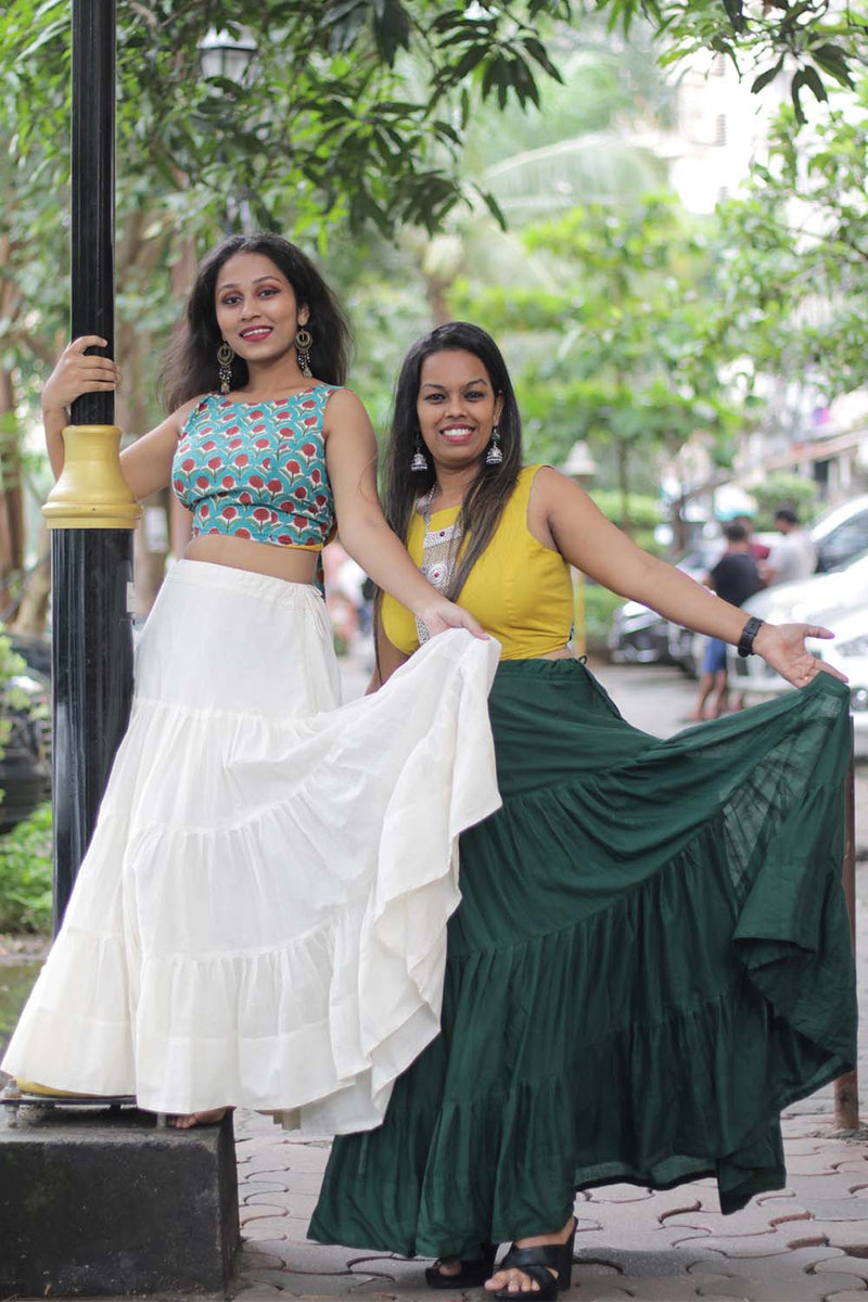Ghumar | Mul Tiered Long Skirt | Ivory