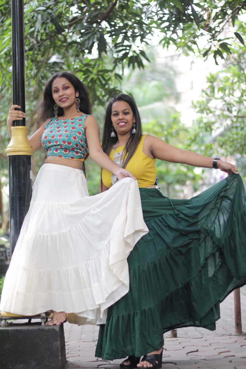 Ghumar | Mul Tiered Long Skirt | Ivory