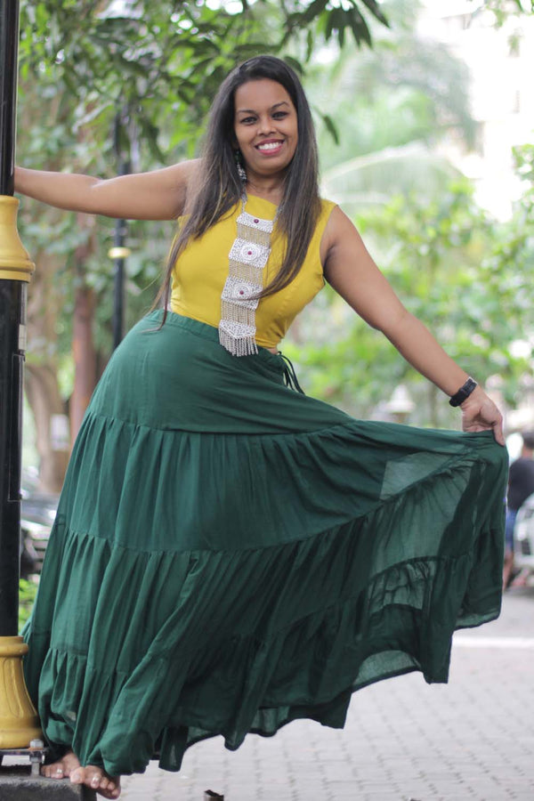 Ghumar | Mul Tiered Long Skirt | Forest Green