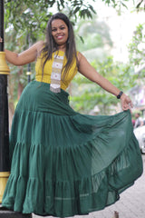 Ghumar| Mul Tiered Long Skirt | Forest Green