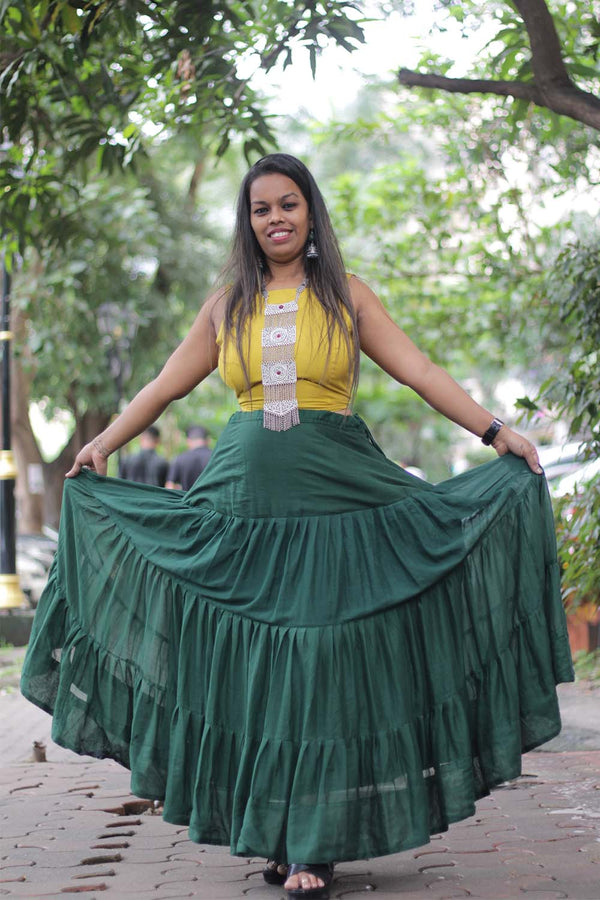 Ghumar | Mul Tiered Long Skirt | Forest Green