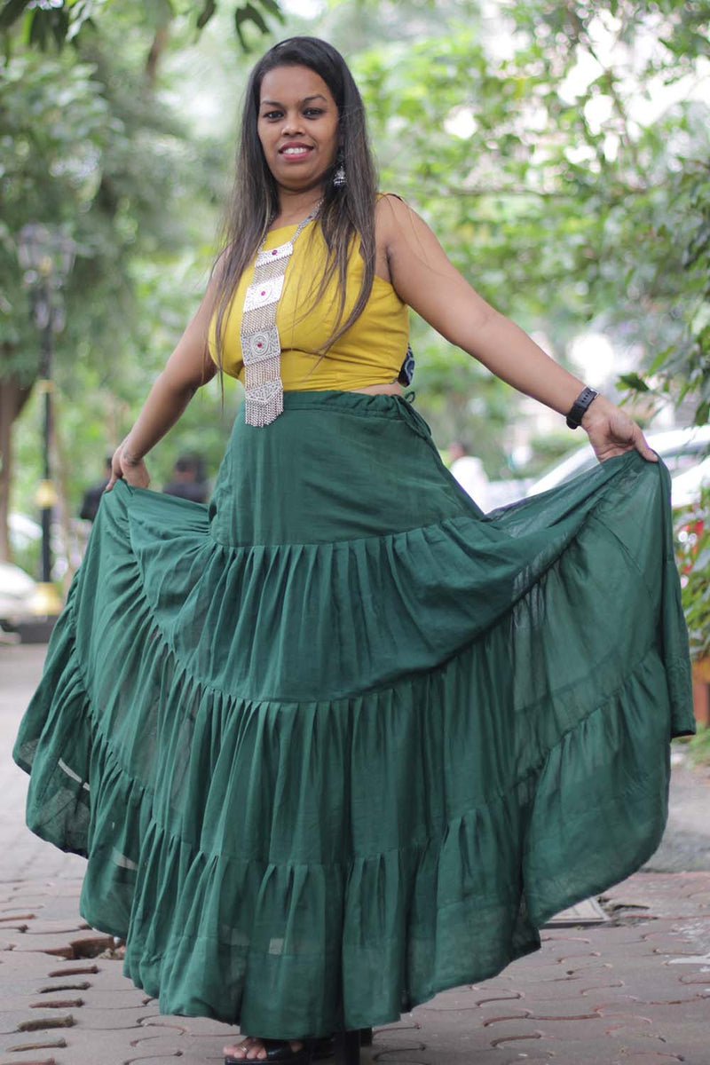 Ghumar| Mul Tiered Long Skirt | Forest Green