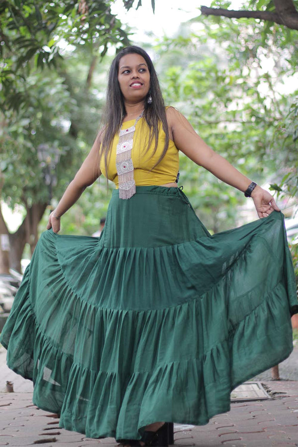 Ghumar| Mul Tiered Long Skirt | Forest Green