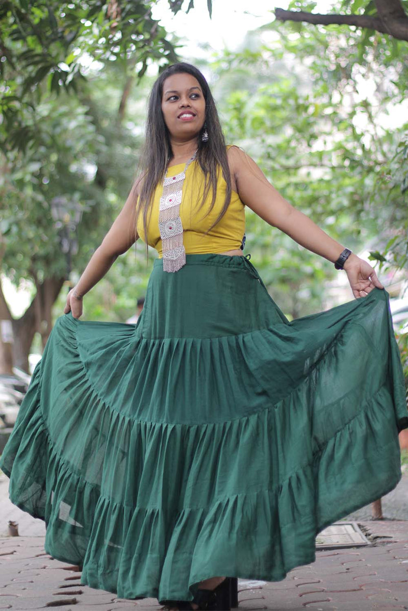 Ghumar| Mul Tiered Long Skirt | Forest Green