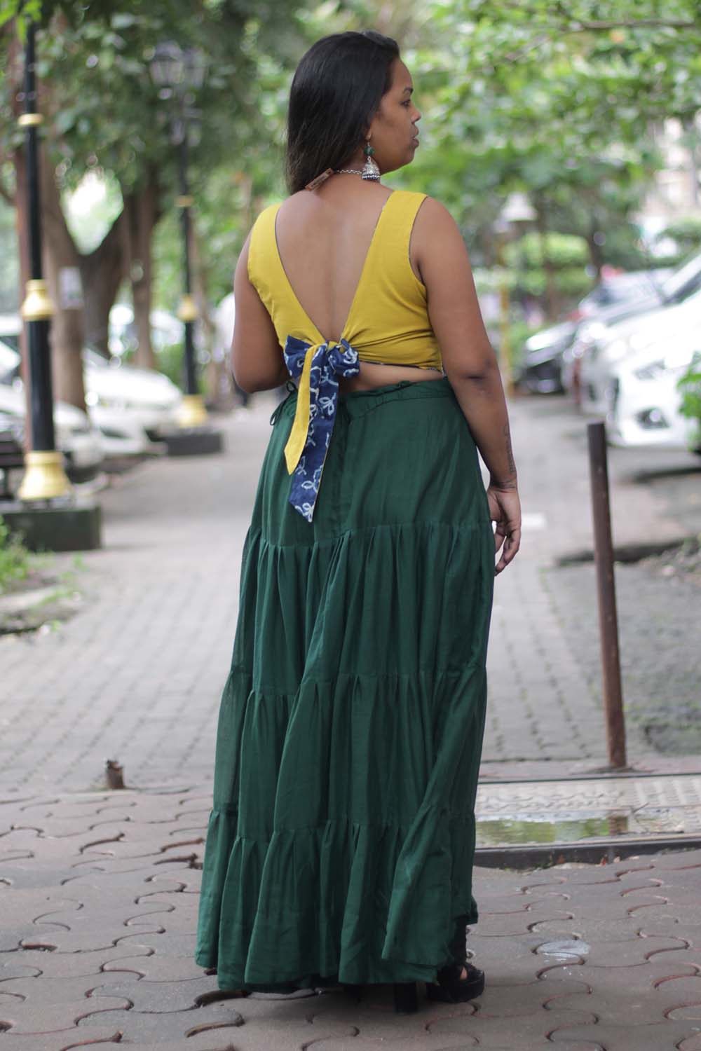 Ghumar | Mul Tiered Long Skirt | Forest Green