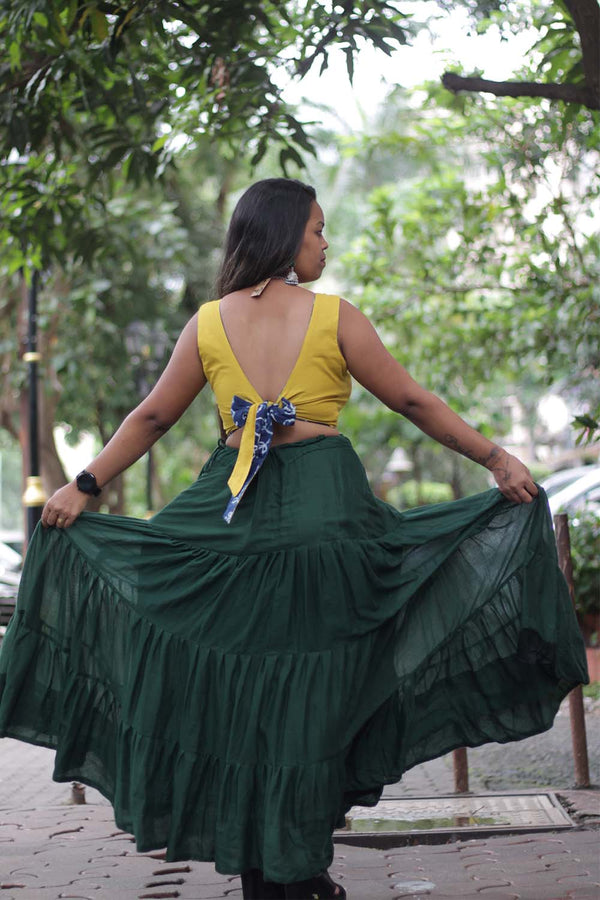 Ghumar| Mul Tiered Long Skirt | Forest Green