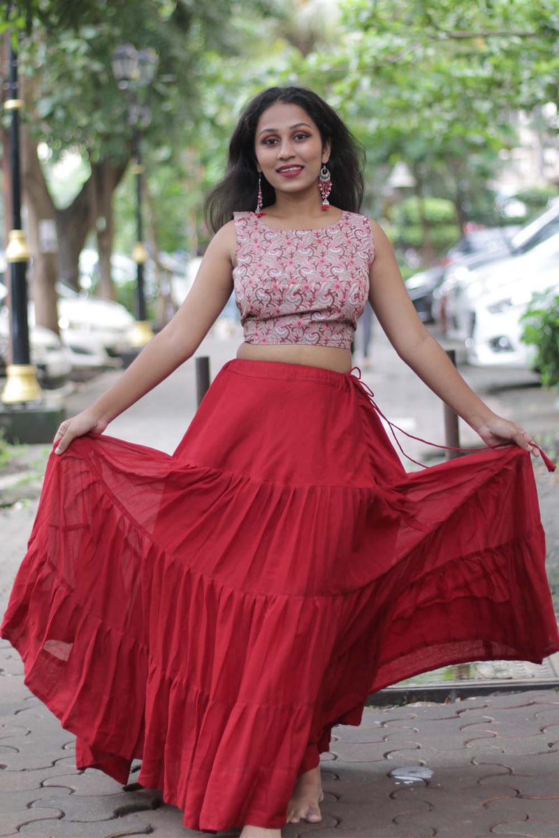 Ghumar | Mul Tiered Long Skirt | Carmine