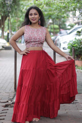 Ghumar | Mul Tiered Long Skirt | Carmine