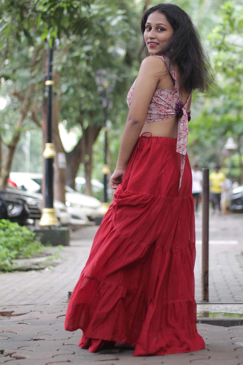 Ghumar | Mul Tiered Long Skirt | Carmine
