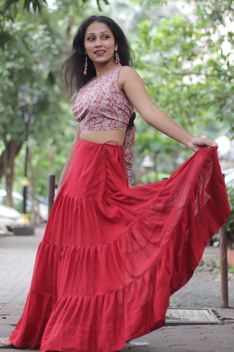 Ghumar | Mul Tiered Long Skirt | Carmine