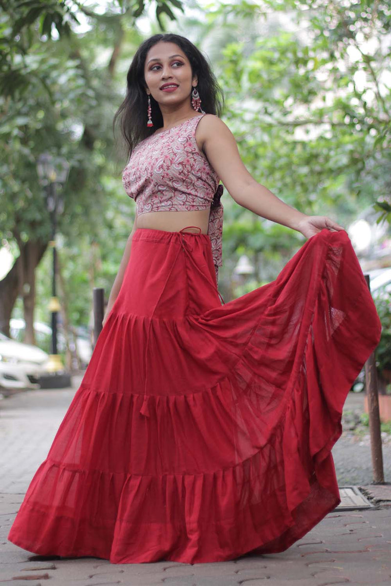 Ghumar | Mul Tiered Long Skirt | Carmine