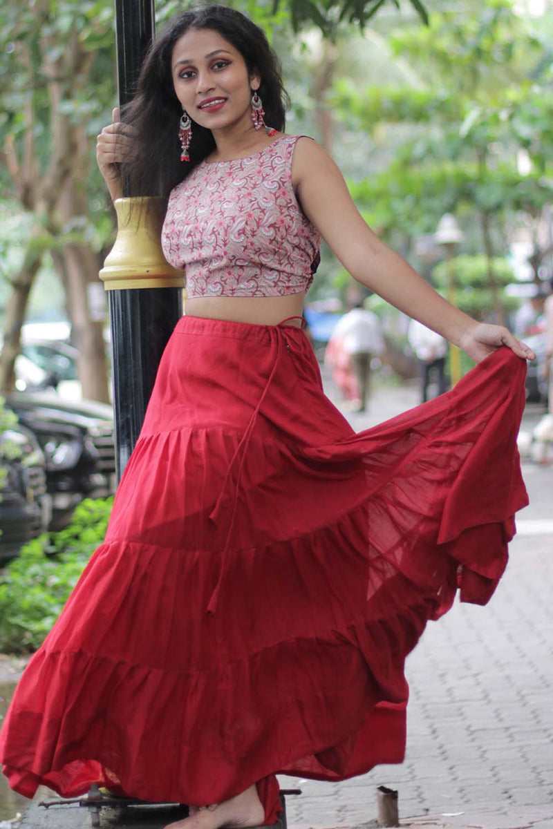 Ghumar | Mul Tiered Long Skirt | Carmine