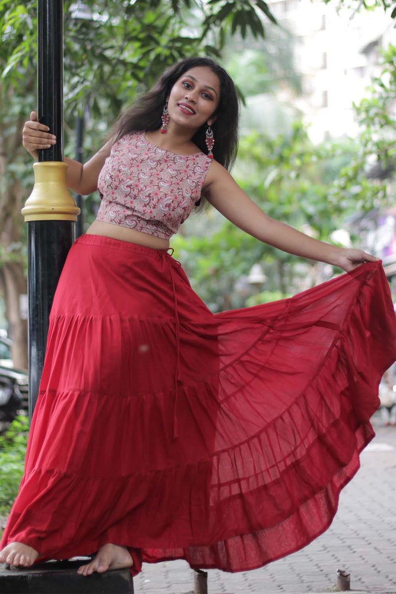 Ghumar | Mul Tiered Long Skirt | Carmine