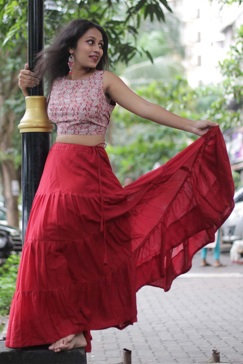 Ghumar | Mul Tiered Long Skirt | Carmine