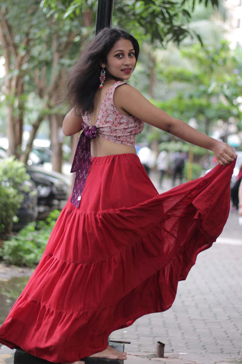 Ghumar | Mul Tiered Long Skirt | Carmine