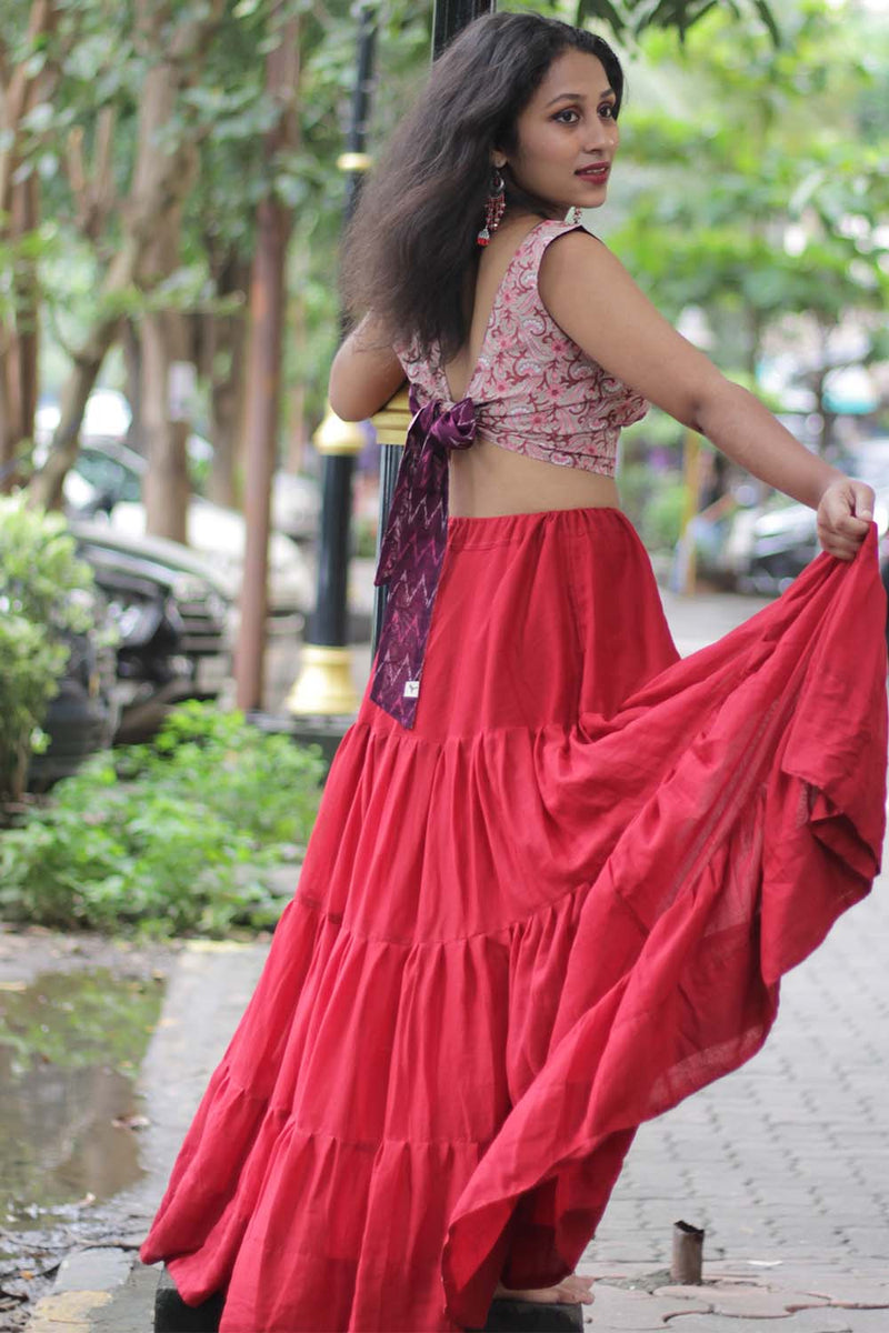 Ghumar | Mul Tiered Long Skirt | Carmine