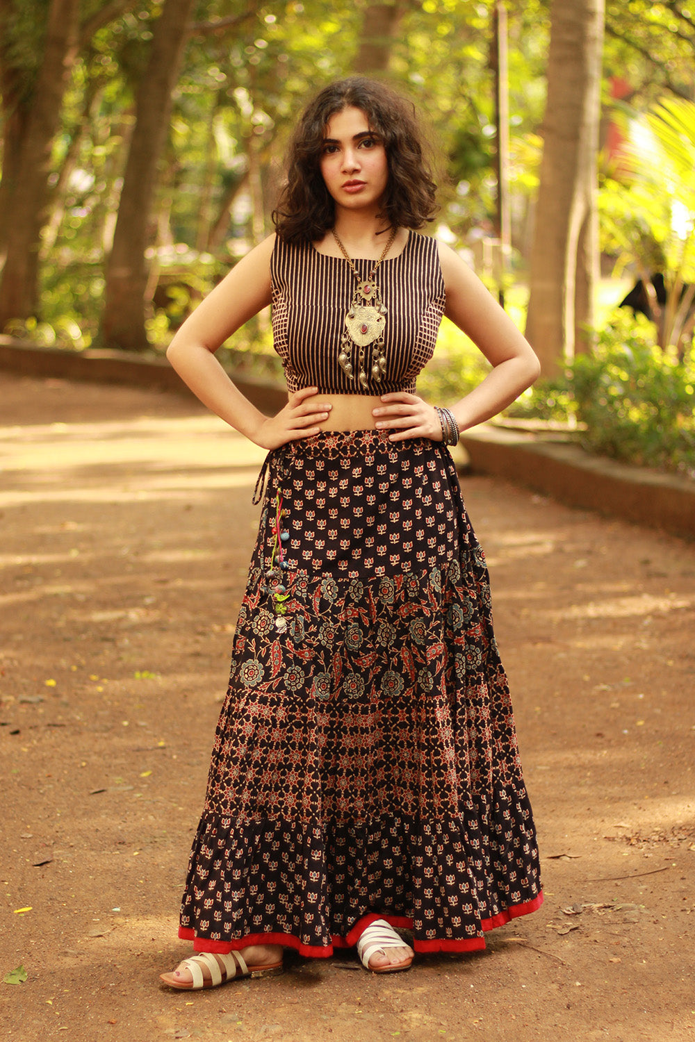Ghumar | Tiered Long Skirt | Noir Ajrakh Medley